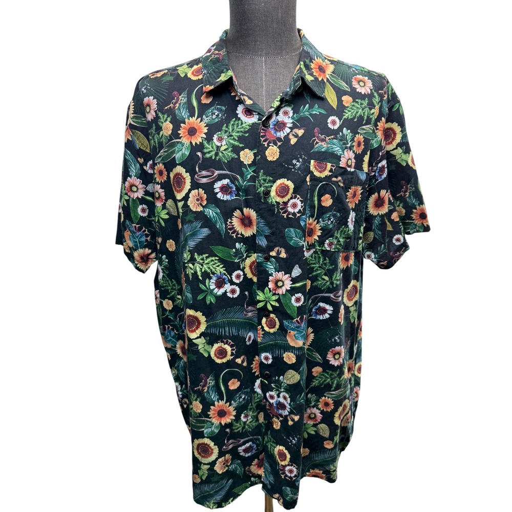 Roark Short Sleeve Shirt Mens XXL Classic Fit Cotton Blend Black Sunflower Snake